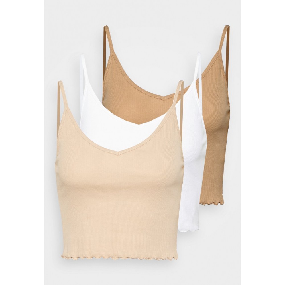 Kobiety T SHIRT TOP | Even&Odd STRAPPY LETTUCE CROP 3 PACK - Top - white/beige/brown/biały - AY41166