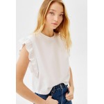 Kobiety T SHIRT TOP | Bershka FRILLED SLEEVE - T-shirt z nadrukiem - stone/szary - KD31582