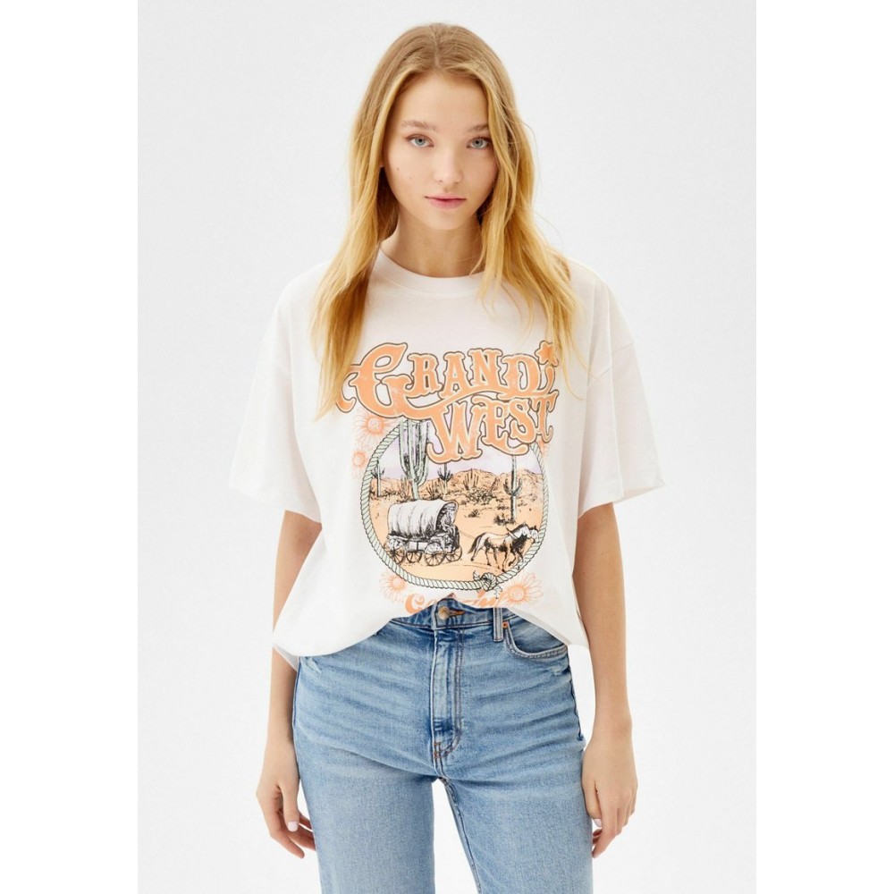 Kobiety T SHIRT TOP | Bershka T-shirt z nadrukiem - stone/szary - SU29838