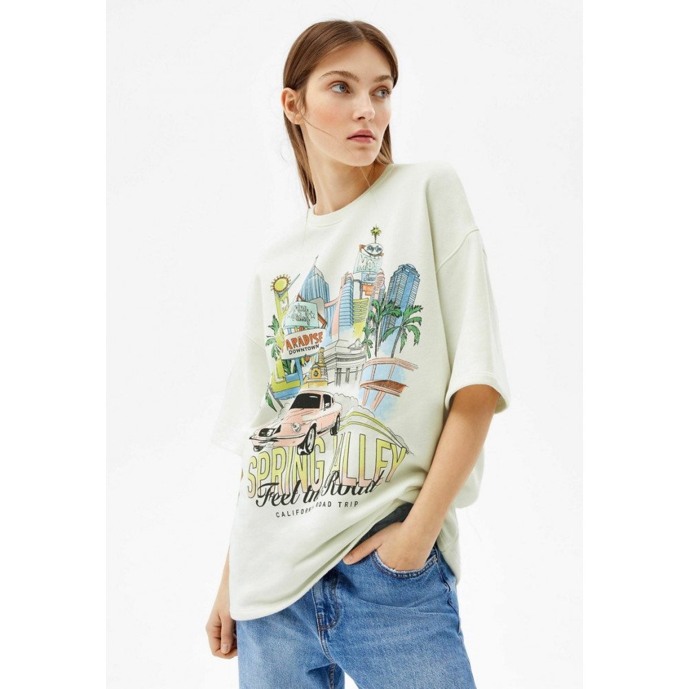 Kobiety T SHIRT TOP | Bershka WITH PRINT - T-shirt z nadrukiem - stone/szary - OA05161
