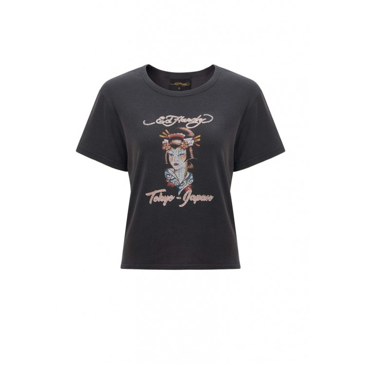 Kobiety T SHIRT TOP | Ed Hardy TOKYO-GEISHA TIGHT - T-shirt z nadrukiem - washed black/czarny - XG42305