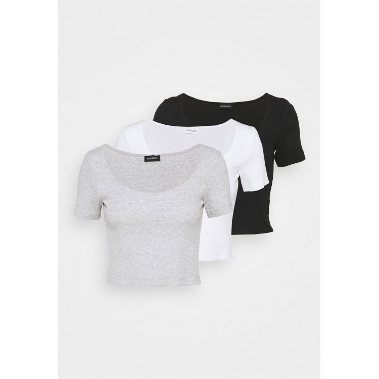 Kobiety T SHIRT TOP | Even&Odd Tall 3 PACK - T-shirt z nadrukiem - mottled light grey /white/black/jasnoszary melanż - ZS06689