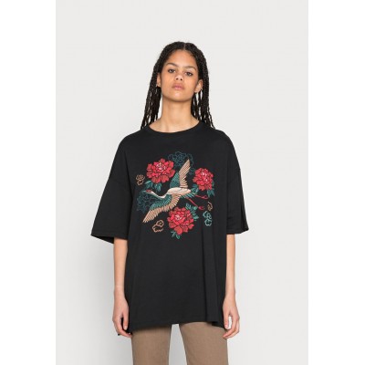 Kobiety T_SHIRT_TOP | Even&Odd TATTI CRANE AND FLOWERS TEE - T-shirt z nadrukiem - black/czarny - OD09361