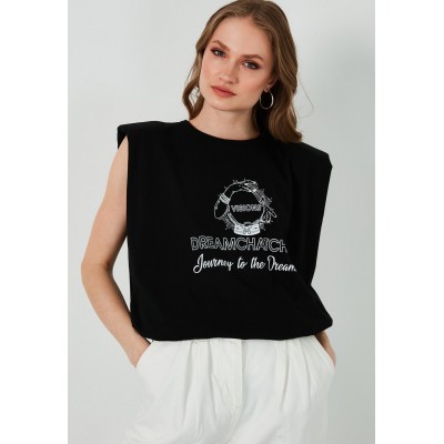 Kobiety T_SHIRT_TOP | LELA LELA CREW NECK WADDING SHOULDERS  - T-shirt z nadrukiem - black/czarny - LU80483