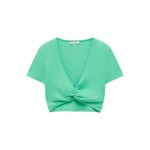 Kobiety T SHIRT TOP | PULL&BEAR CROPPED GATHERED DETAIL - T-shirt z nadrukiem - green/zielony - PN45671