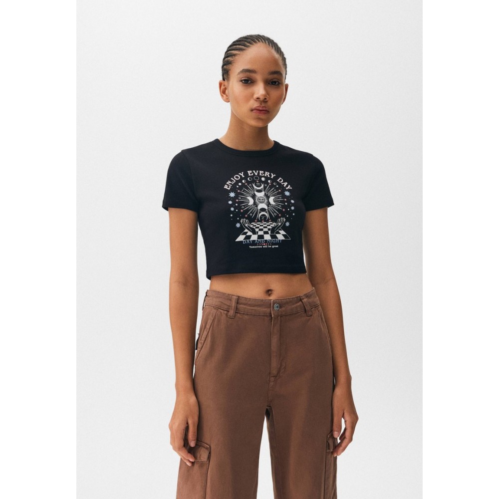 Kobiety T SHIRT TOP | PULL&BEAR WITH ESOTERIC GRAPHIC - T-shirt z nadrukiem - mottled black/czarny melanż - EP66102