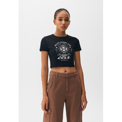 Kobiety T_SHIRT_TOP | PULL&BEAR WITH ESOTERIC GRAPHIC - T-shirt z nadrukiem - mottled black/czarny melanż - EP66102