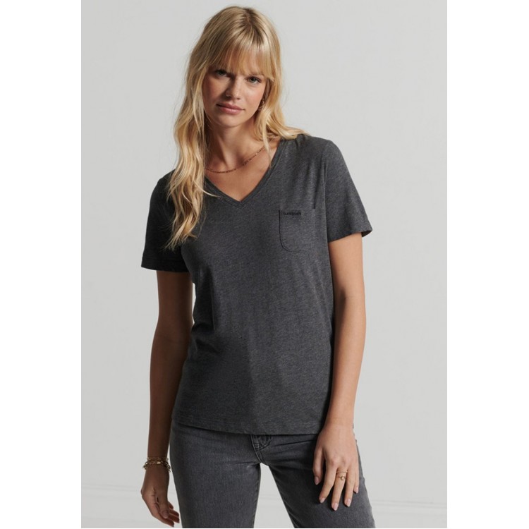 Kobiety T SHIRT TOP | Superdry STUDIOS POCKET V NECK - T-shirt basic - dark grey/ciemnoszary - FO46191