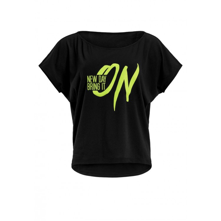 Kobiety T SHIRT TOP | Winshape MCT002 ULTRA LIGHT - T-shirt z nadrukiem - black/glitter/neon yellow/czarny - NY36773