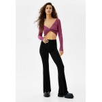 Kobiety T SHIRT TOP | Bershka WITH PLEATED V NECK - Bluzka z długim rękawem - dark purple/ciemnoliliowy - WD60475